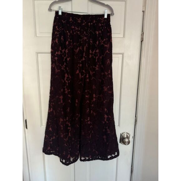 Anthropologie Feather Bone Maroon & Pink Floral Lace Wide Leg Pull On Pants XS - Picture 1 of 7